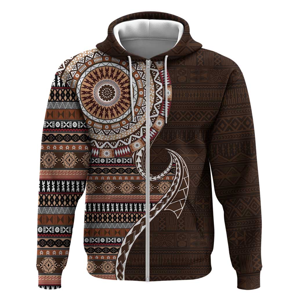 Fijian Masi Tribal Tattoos Art Pattern Zip Hoodie Brown Color Half Style LT03 Zip Hoodie Brown - Polynesian Pride