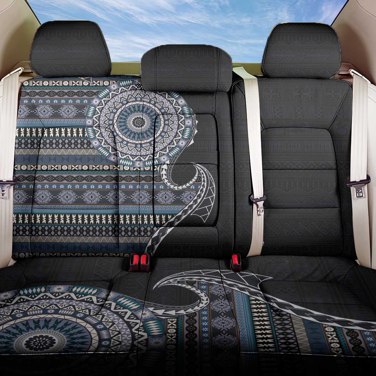 Fijian Masi Tribal Tattoos Art Pattern Back Car Seat Cover Navy Color Half Style LT03 One Size Navy - Polynesian Pride