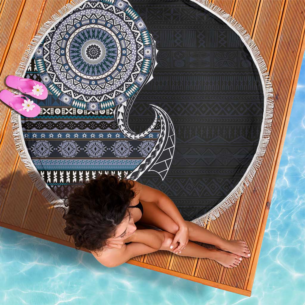 Fijian Masi Tribal Tattoos Art Pattern Beach Blanket Navy Color Half Style LT03 - Polynesian Pride