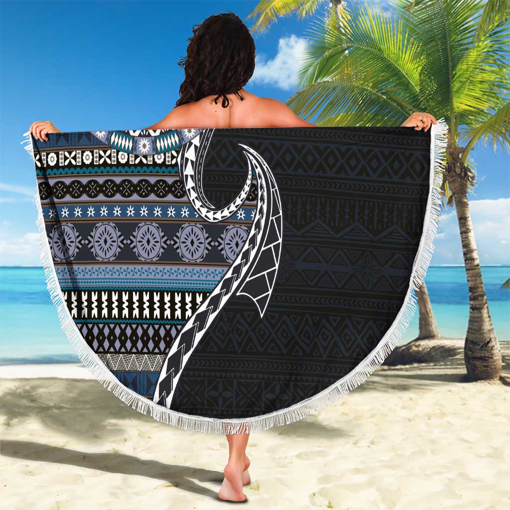 Fijian Masi Tribal Tattoos Art Pattern Beach Blanket Navy Color Half Style LT03 - Polynesian Pride