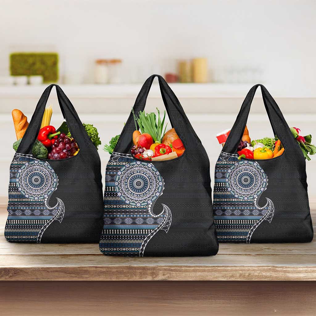 Fijian Masi Tribal Tattoos Art Pattern Grocery Bag Navy Color Half Style LT03 3-pack One Size Navy - Polynesian Pride