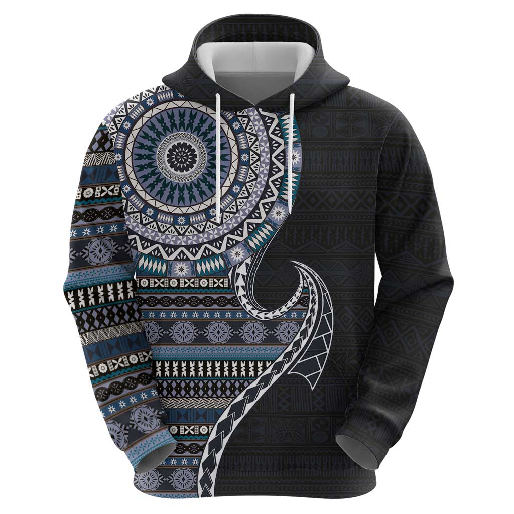Fijian Masi Tribal Tattoos Art Pattern Hoodie Navy Color Half Style LT03 - Polynesian Pride