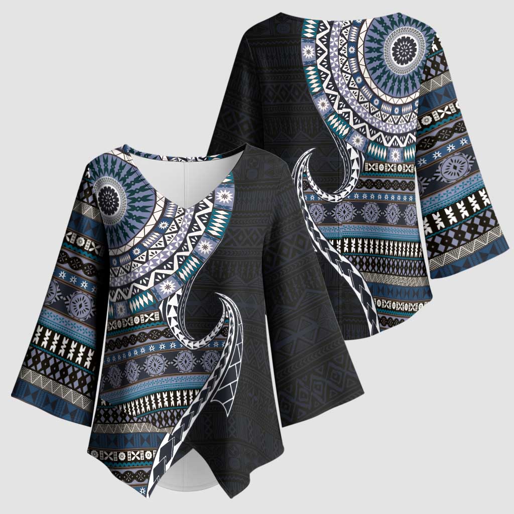 Fijian Masi Tribal Tattoos Art Pattern Kimono Sleeve Blouse Navy Color Half Style LT03 - Polynesian Pride