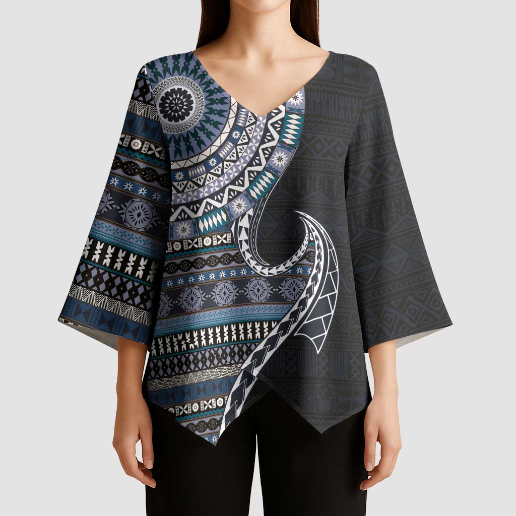 Fijian Masi Tribal Tattoos Art Pattern Kimono Sleeve Blouse Navy Color Half Style LT03 - Polynesian Pride