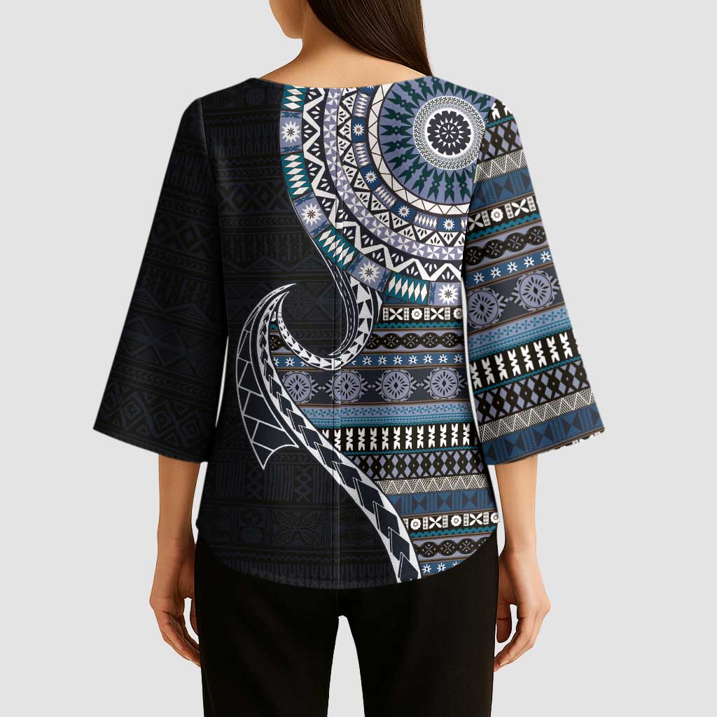 Fijian Masi Tribal Tattoos Art Pattern Kimono Sleeve Blouse Navy Color Half Style LT03 - Polynesian Pride