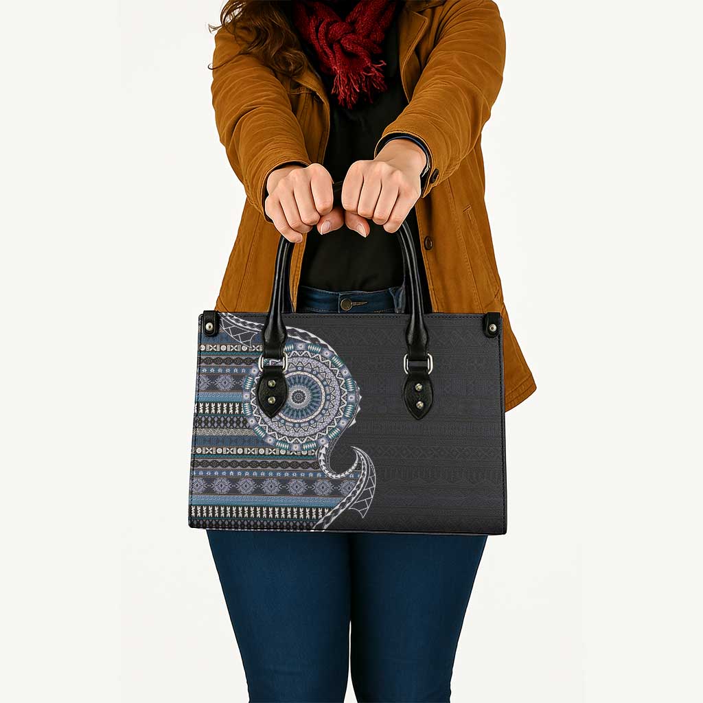 Fijian Masi Tribal Tattoos Art Pattern Leather Bag Navy Color Half Style LT03 Navy - Polynesian Pride