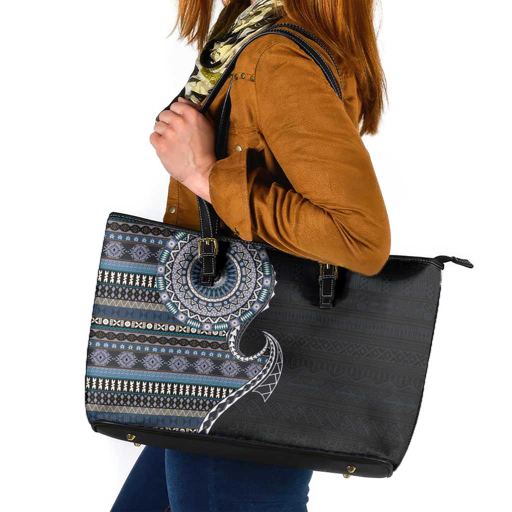 Fijian Masi Tribal Tattoos Art Pattern Leather Tote Bag Navy Color Half Style LT03 Navy - Polynesian Pride