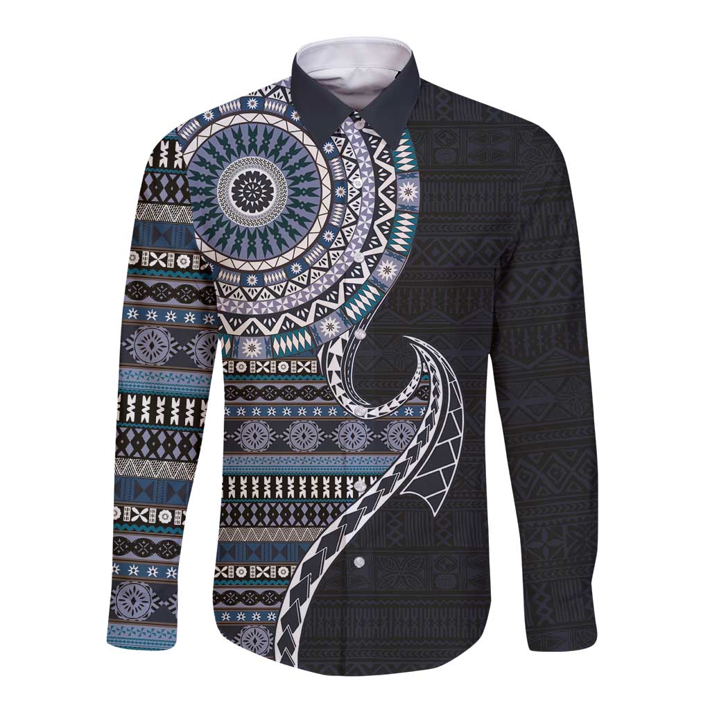 Fijian Masi Tribal Tattoos Art Pattern Long Sleeve Button Shirt Navy Color Half Style LT03 Unisex Navy - Polynesian Pride