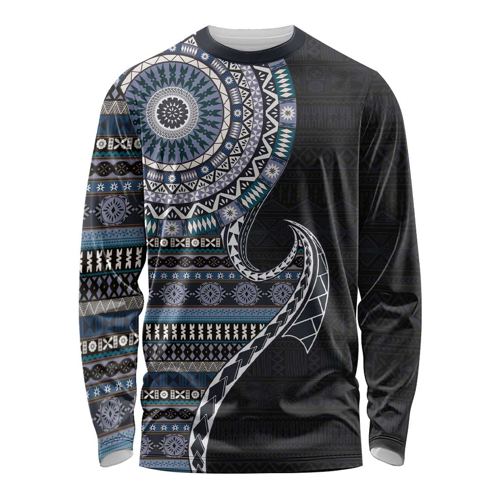 Fijian Masi Tribal Tattoos Art Pattern Long Sleeve Shirt Navy Color Half Style LT03 Unisex Navy - Polynesian Pride