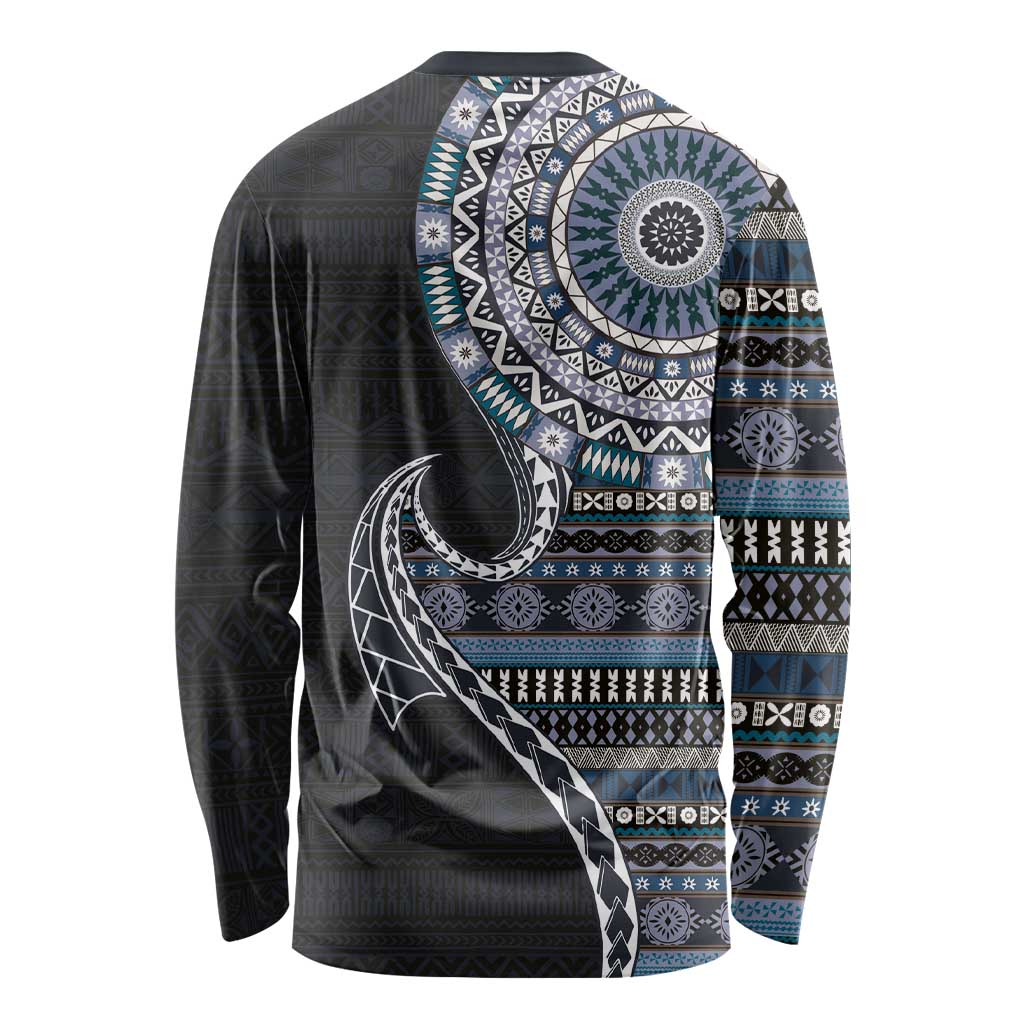 Fijian Masi Tribal Tattoos Art Pattern Long Sleeve Shirt Navy Color Half Style LT03 - Polynesian Pride