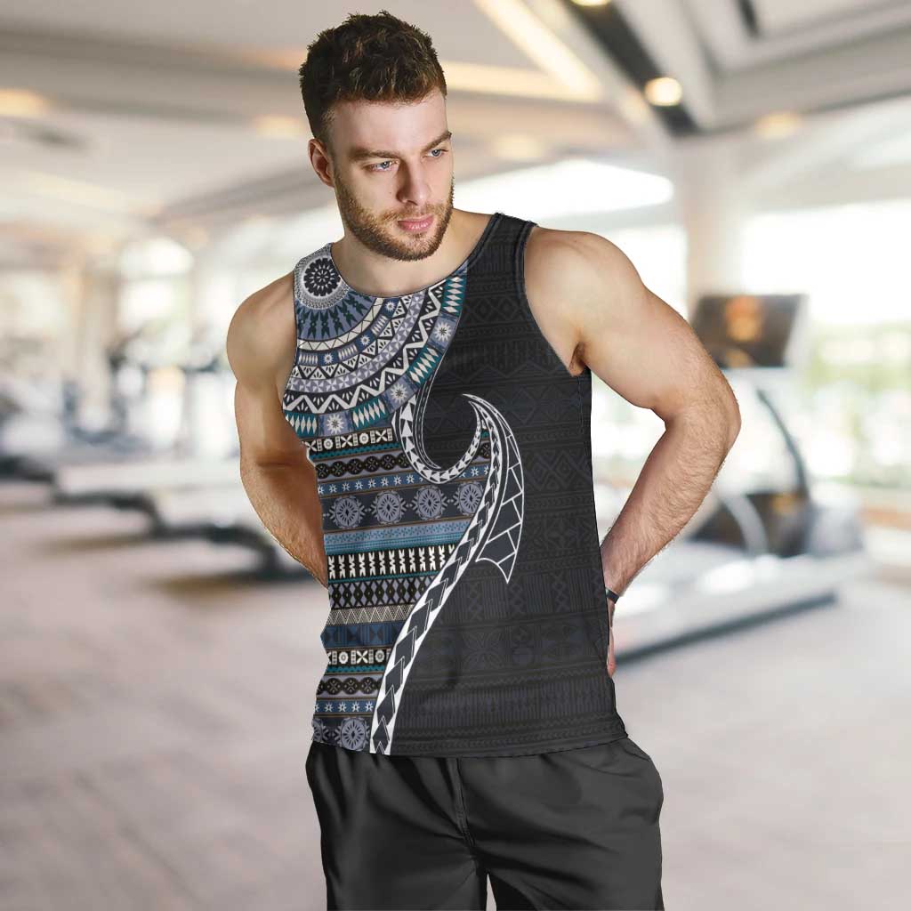 Fijian Masi Tribal Tattoos Art Pattern Men Tank Top Navy Color Half Style LT03 Navy - Polynesian Pride