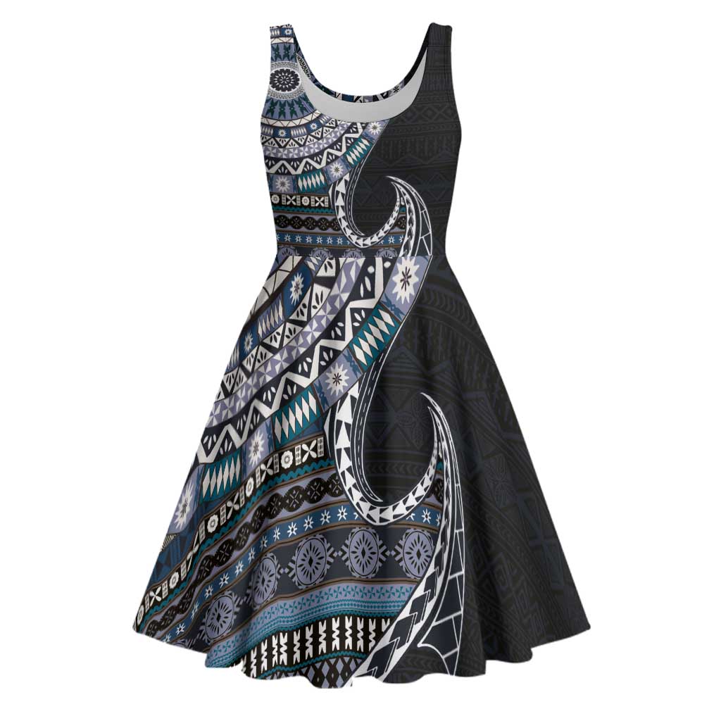 Fijian Masi Tribal Tattoos Art Pattern Midi Dress Navy Color Half Style LT03 Navy - Polynesian Pride