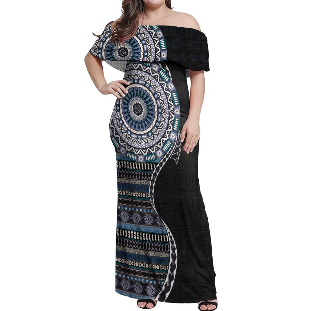 Fijian Masi Tribal Tattoos Art Pattern Off Shoulder Maxi Dress Navy Color Half Style LT03 Women Navy - Polynesian Pride