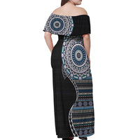 Fijian Masi Tribal Tattoos Art Pattern Off Shoulder Maxi Dress Navy Color Half Style LT03 - Polynesian Pride