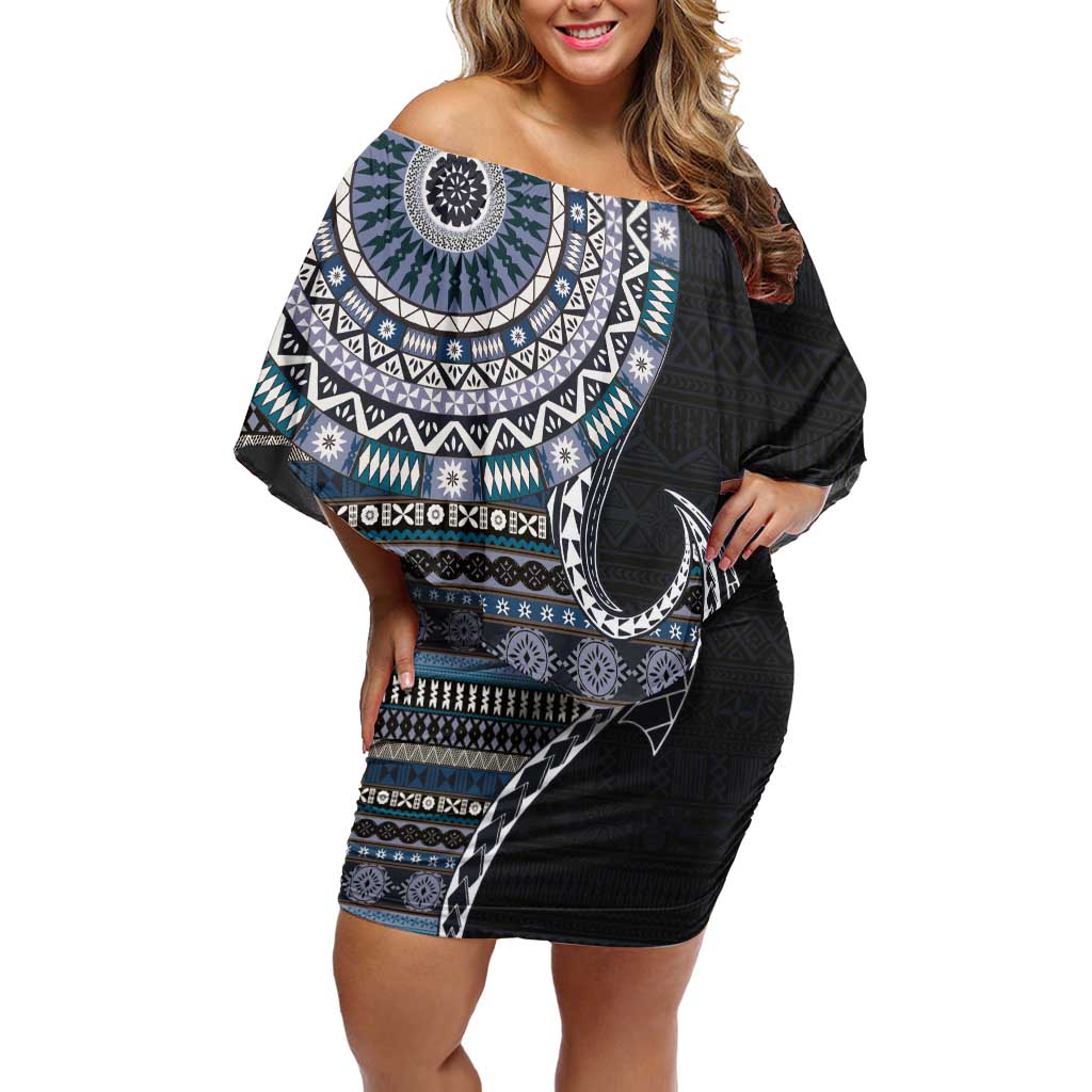 Fijian Masi Tribal Tattoos Art Pattern Off Shoulder Short Dress Navy Color Half Style LT03 Women Navy - Polynesian Pride