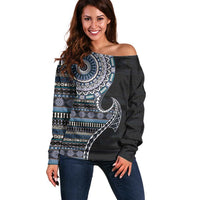 Fijian Masi Tribal Tattoos Art Pattern Off Shoulder Sweater Navy Color Half Style LT03 Women Navy - Polynesian Pride