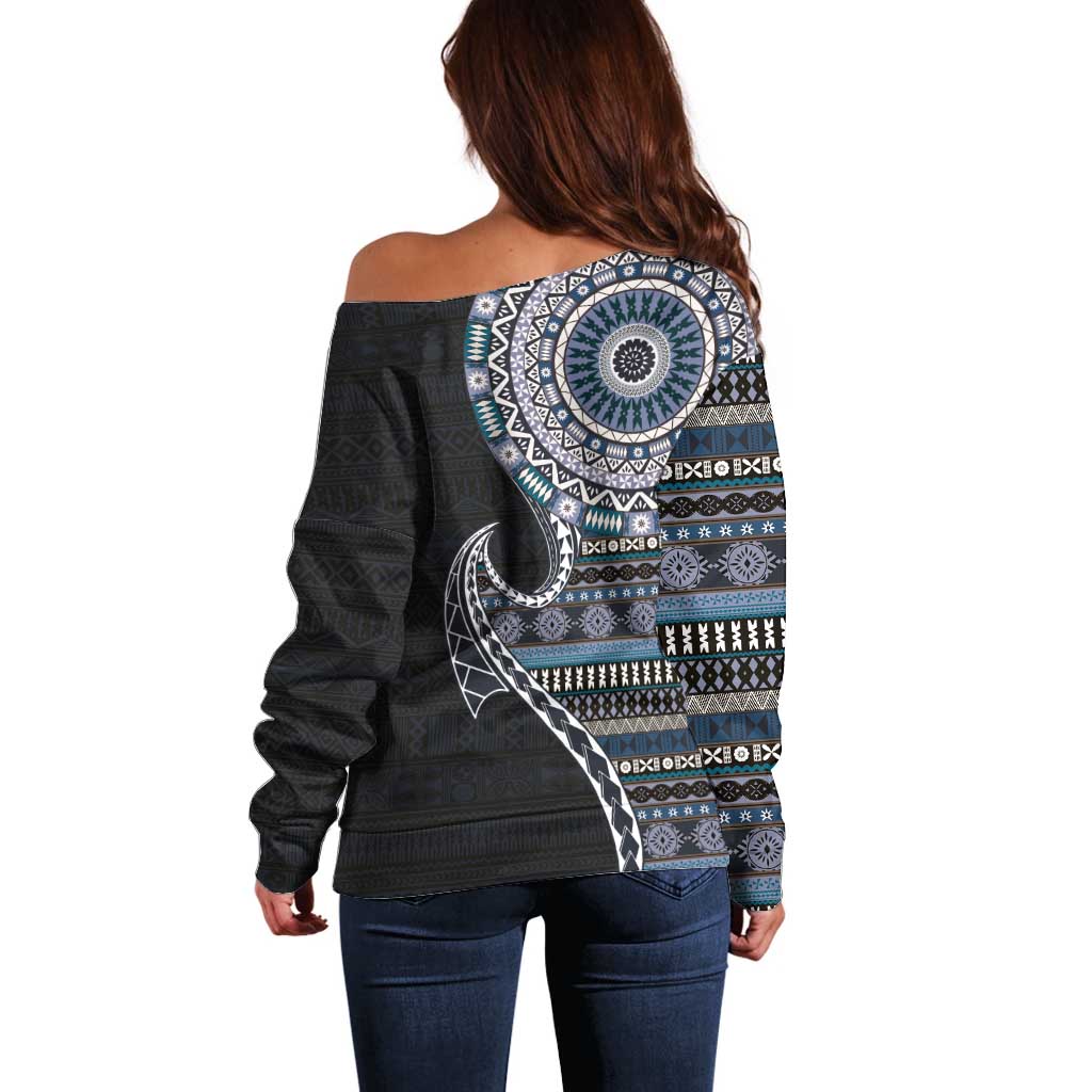 Fijian Masi Tribal Tattoos Art Pattern Off Shoulder Sweater Navy Color Half Style LT03 - Polynesian Pride