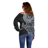 Fijian Masi Tribal Tattoos Art Pattern Off Shoulder Sweater Navy Color Half Style LT03 - Polynesian Pride