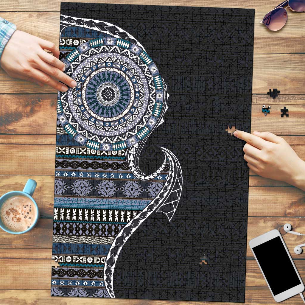 Fijian Masi Tribal Tattoos Art Pattern Puzzle Navy Color Half Style LT03 Navy - Polynesian Pride