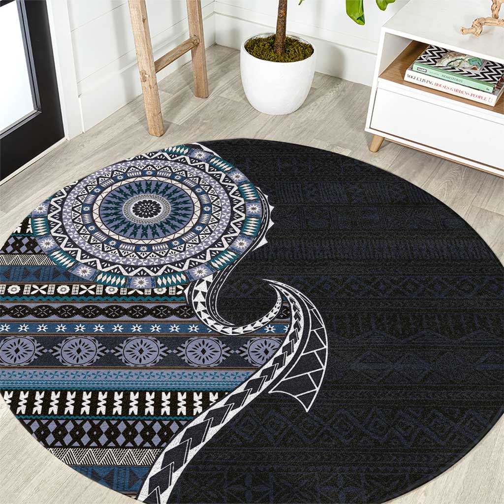 Fijian Masi Tribal Tattoos Art Pattern Round Carpet Navy Color Half Style LT03 Navy - Polynesian Pride
