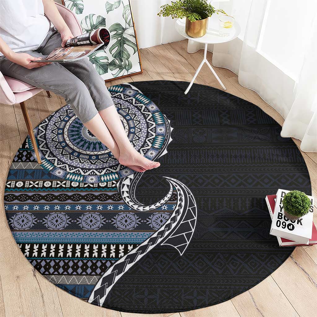 Fijian Masi Tribal Tattoos Art Pattern Round Carpet Navy Color Half Style LT03 - Polynesian Pride