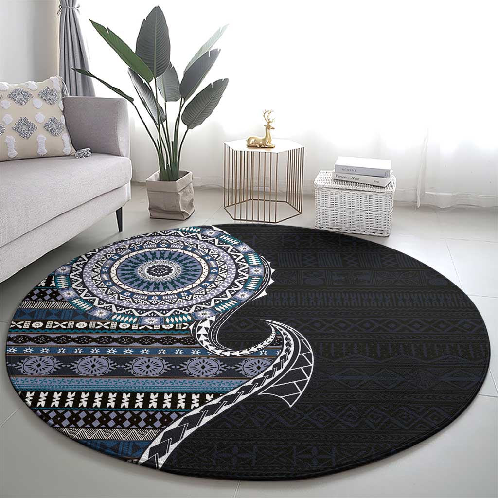 Fijian Masi Tribal Tattoos Art Pattern Round Carpet Navy Color Half Style LT03 - Polynesian Pride