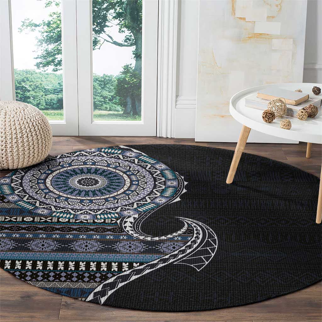 Fijian Masi Tribal Tattoos Art Pattern Round Carpet Navy Color Half Style LT03 - Polynesian Pride