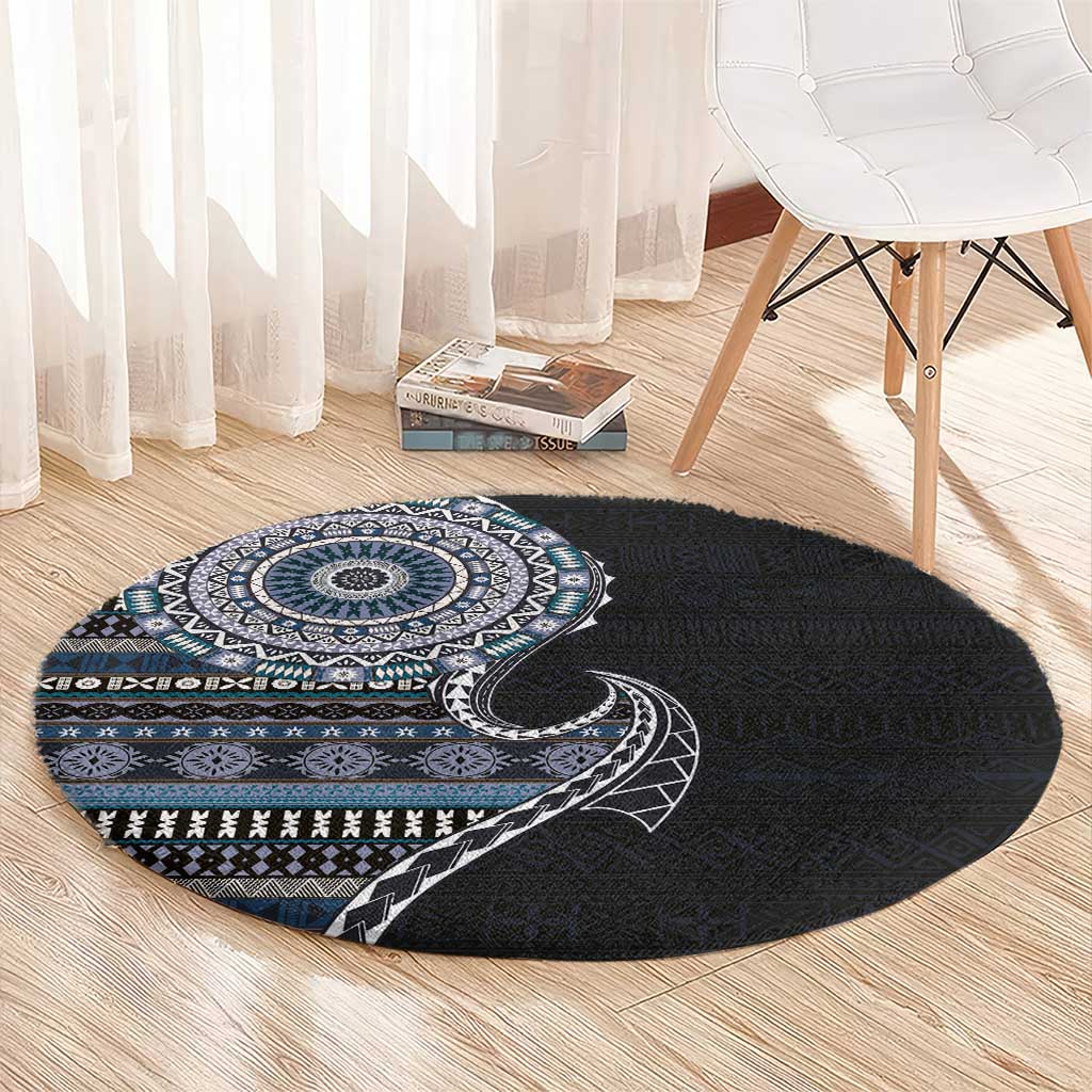 Fijian Masi Tribal Tattoos Art Pattern Round Carpet Navy Color Half Style LT03 - Polynesian Pride