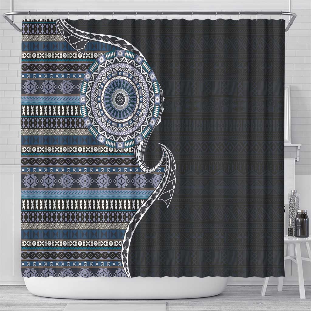 Fijian Masi Tribal Tattoos Art Pattern Shower Curtain Navy Color Half Style LT03 - Polynesian Pride