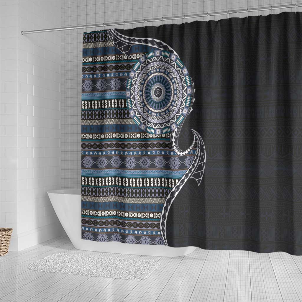 Fijian Masi Tribal Tattoos Art Pattern Shower Curtain Navy Color Half Style LT03 - Polynesian Pride