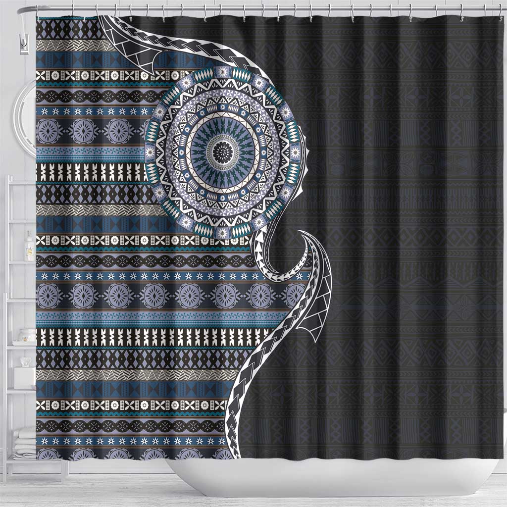 Fijian Masi Tribal Tattoos Art Pattern Shower Curtain Navy Color Half Style LT03 - Polynesian Pride