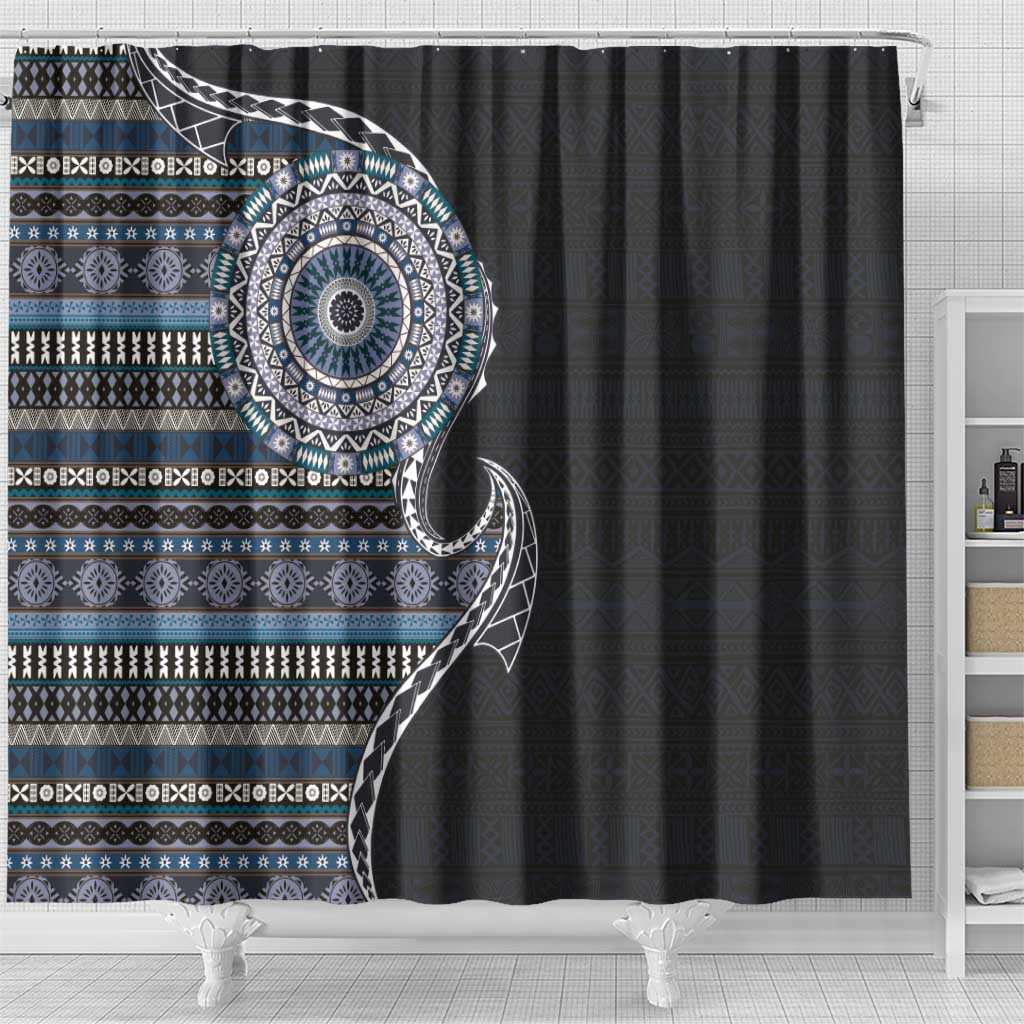 Fijian Masi Tribal Tattoos Art Pattern Shower Curtain Navy Color Half Style LT03 - Polynesian Pride