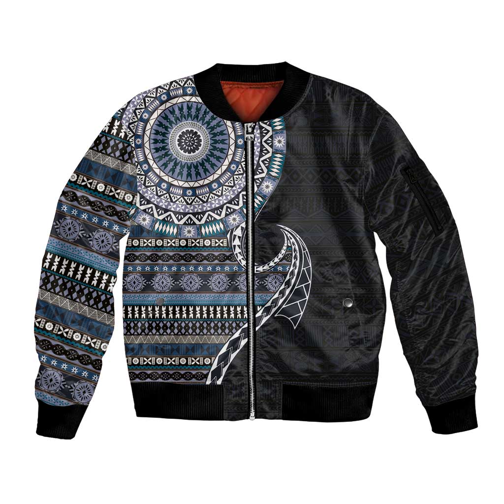 Fijian Masi Tribal Tattoos Art Pattern Sleeve Zip Bomber Jacket Navy Color Half Style LT03 Unisex Navy - Polynesian Pride