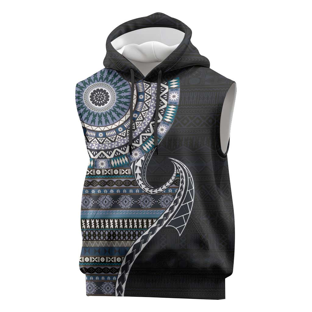 Fijian Masi Tribal Tattoos Art Pattern Sleeveless Hoodie Navy Color Half Style LT03 Navy - Polynesian Pride