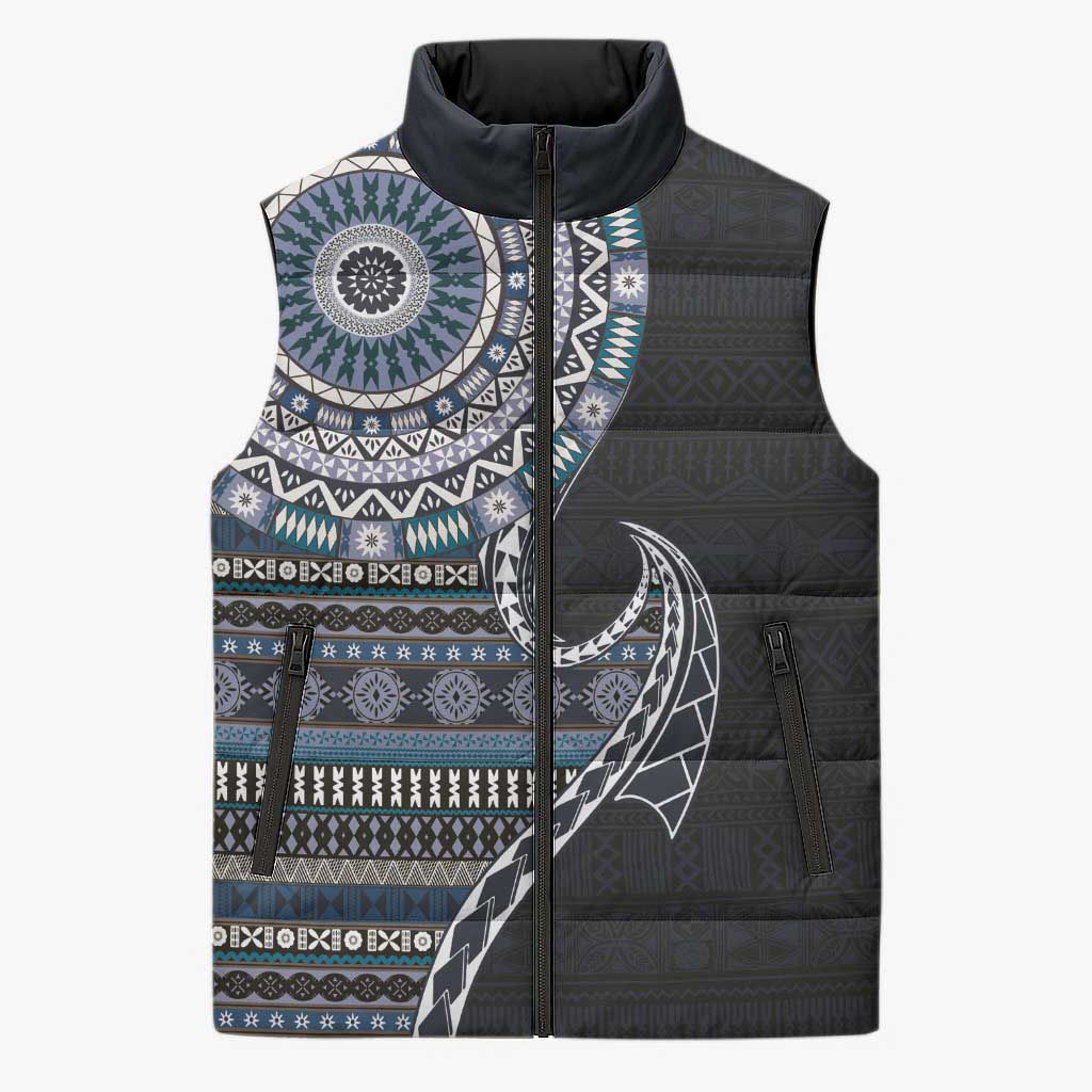 Fijian Masi Tribal Tattoos Art Pattern Sleeveless Puffer Jacket Navy Color Half Style LT03 Navy - Polynesian Pride