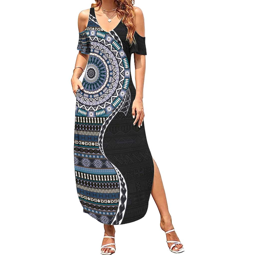 Fijian Masi Tribal Tattoos Art Pattern Summer Maxi Dress Navy Color Half Style LT03 Women Navy - Polynesian Pride