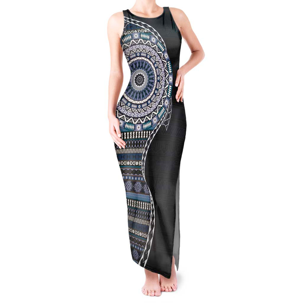 Fijian Masi Tribal Tattoos Art Pattern Tank Maxi Dress Navy Color Half Style LT03 Women Navy - Polynesian Pride