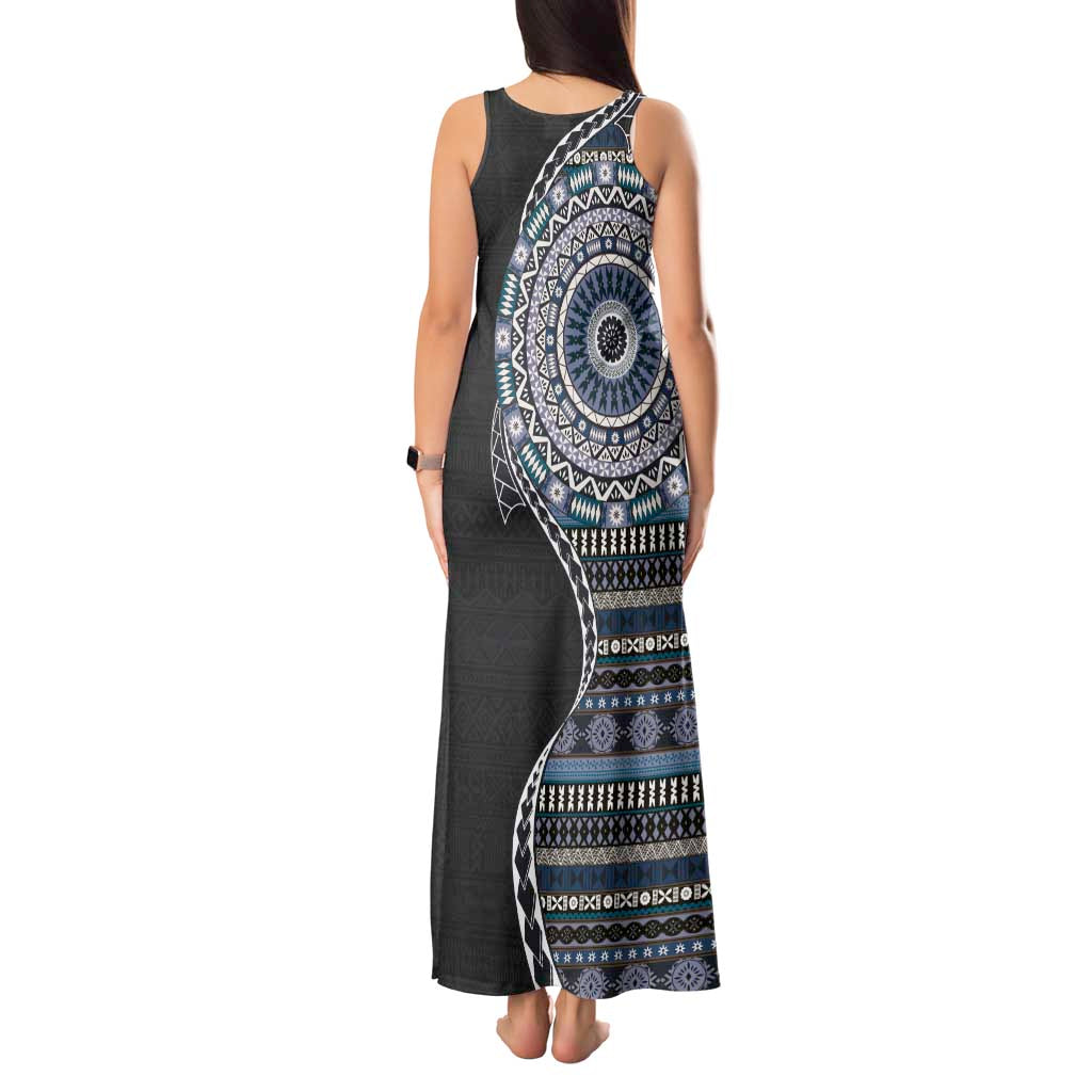 Fijian Masi Tribal Tattoos Art Pattern Tank Maxi Dress Navy Color Half Style LT03 - Polynesian Pride