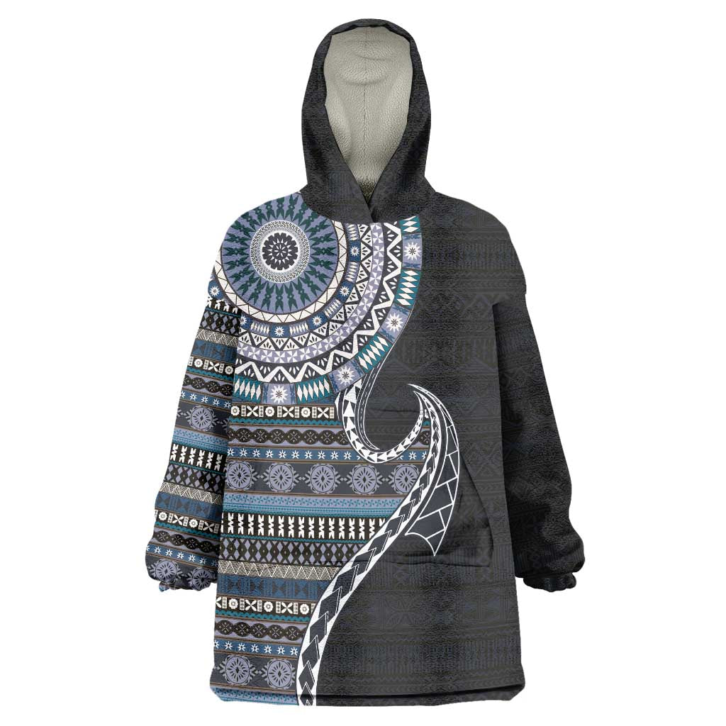 Fijian Masi Tribal Tattoos Art Pattern Wearable Blanket Hoodie Navy Color Half Style LT03 One Size Navy - Polynesian Pride