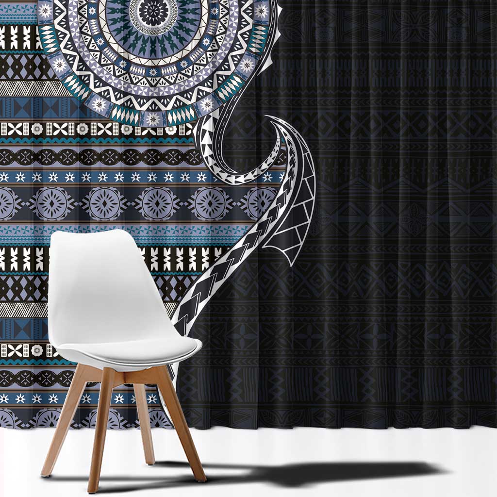 Fijian Masi Tribal Tattoos Art Pattern Window Curtain Navy Color Half Style LT03 - Polynesian Pride