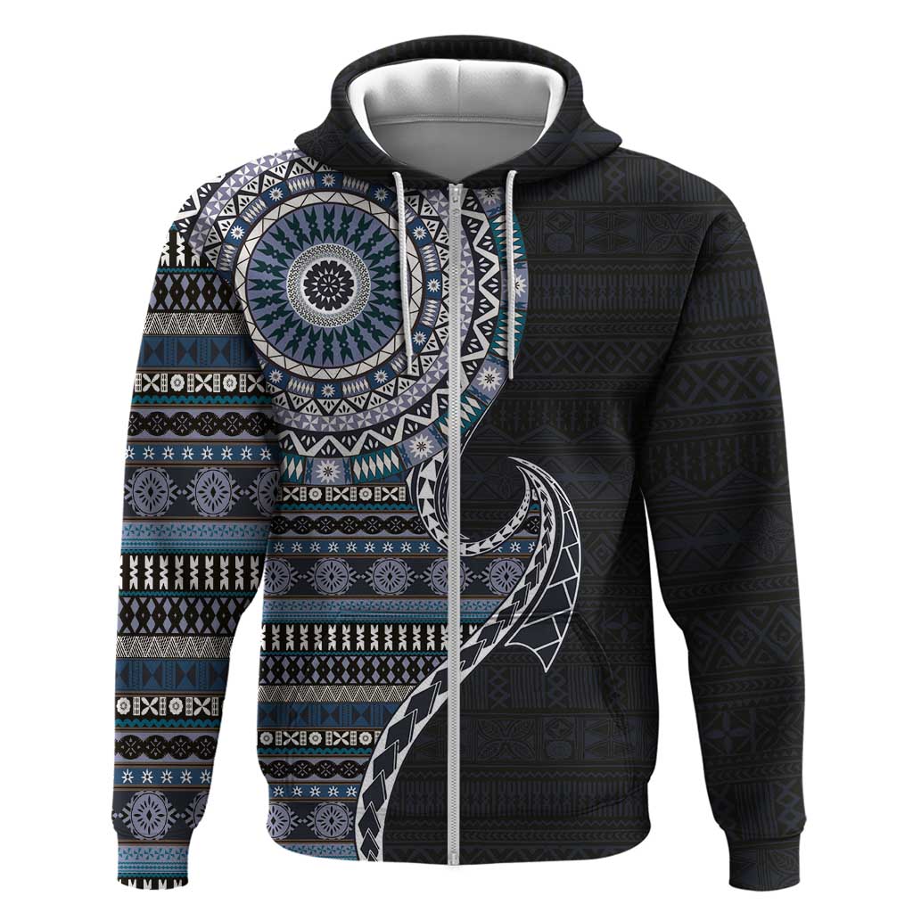 Fijian Masi Tribal Tattoos Art Pattern Zip Hoodie Navy Color Half Style LT03 Zip Hoodie Navy - Polynesian Pride