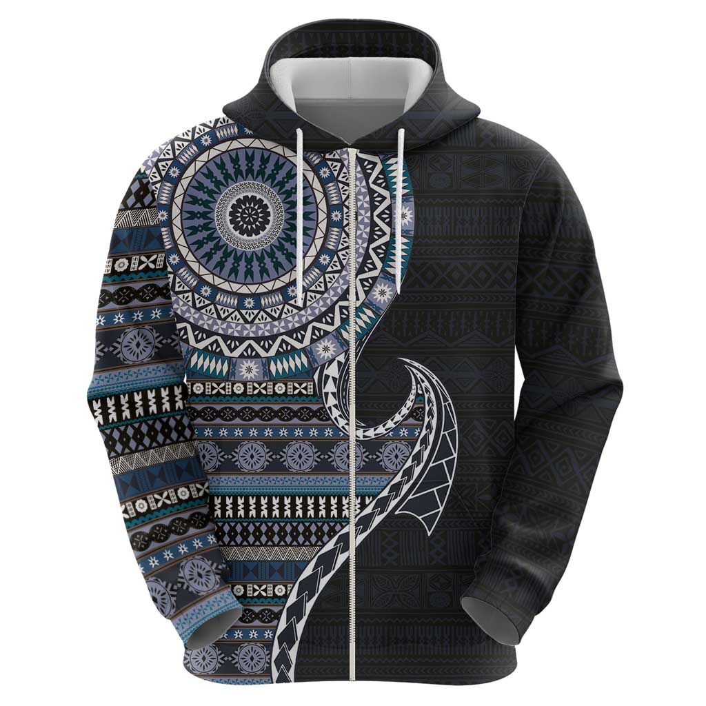 Fijian Masi Tribal Tattoos Art Pattern Zip Hoodie Navy Color Half Style LT03 - Polynesian Pride
