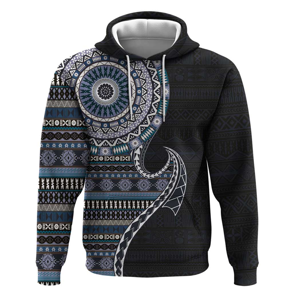 Fijian Masi Tribal Tattoos Art Pattern Zip Hoodie Navy Color Half Style LT03 Pullover Hoodie Navy - Polynesian Pride