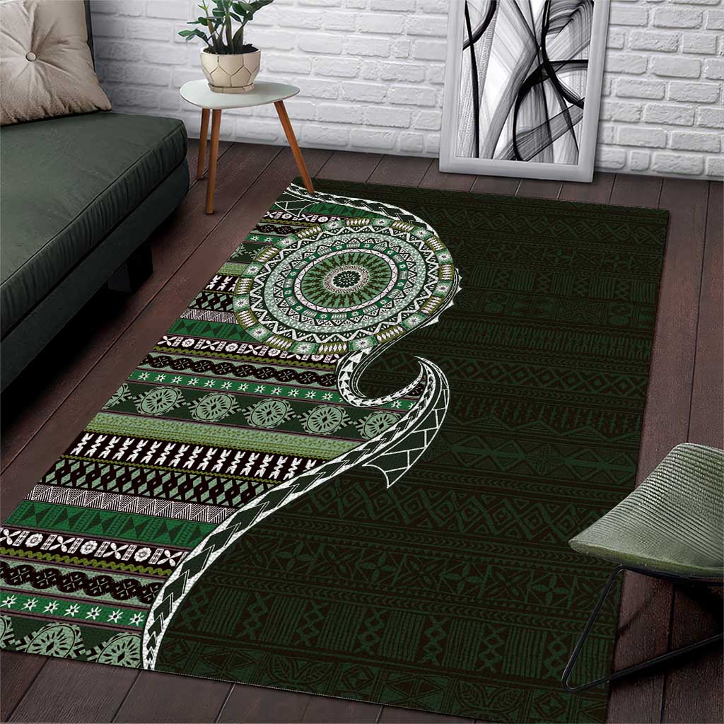 Fijian Masi Tribal Tattoos Art Pattern Area Rug Green Color Half Style LT03 Green - Polynesian Pride