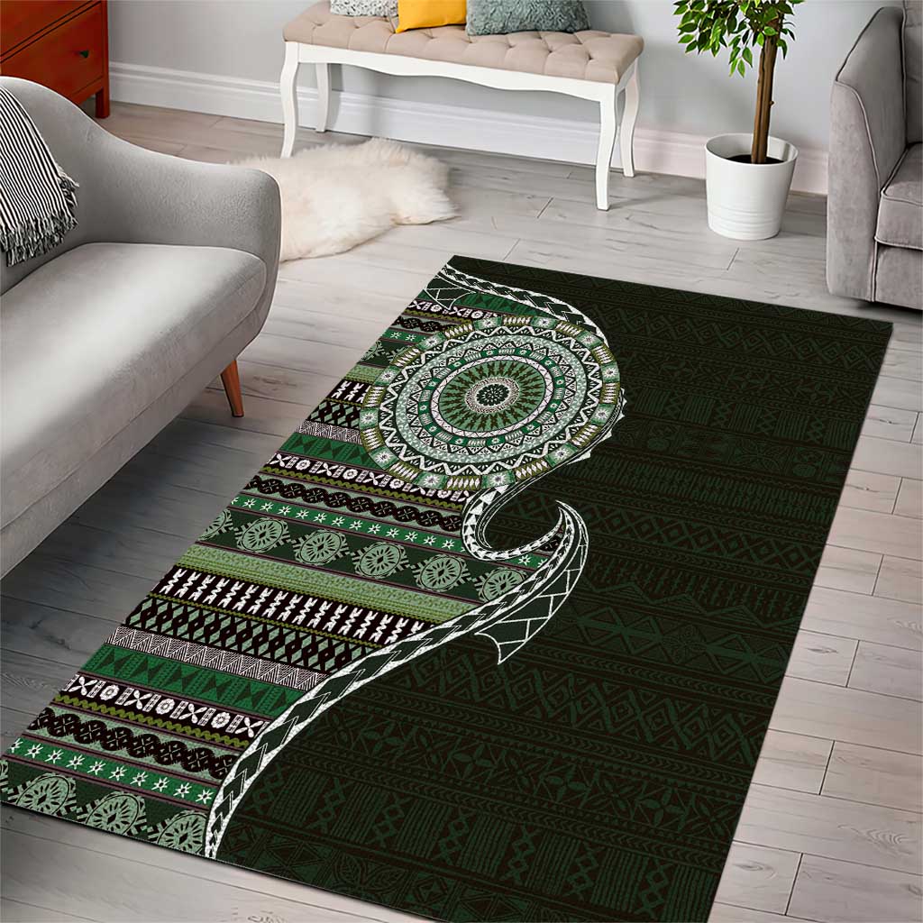 Fijian Masi Tribal Tattoos Art Pattern Area Rug Green Color Half Style LT03 - Polynesian Pride