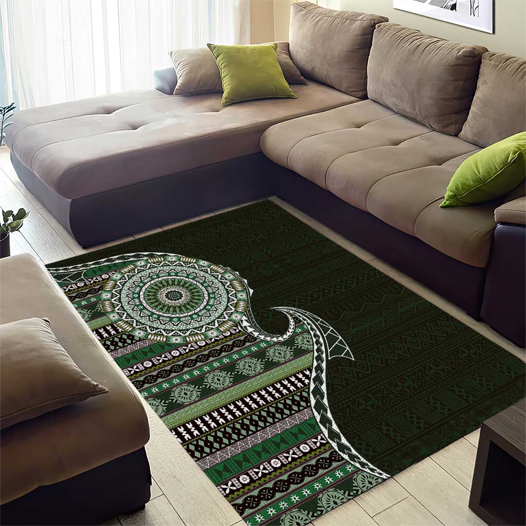 Fijian Masi Tribal Tattoos Art Pattern Area Rug Green Color Half Style LT03 - Polynesian Pride