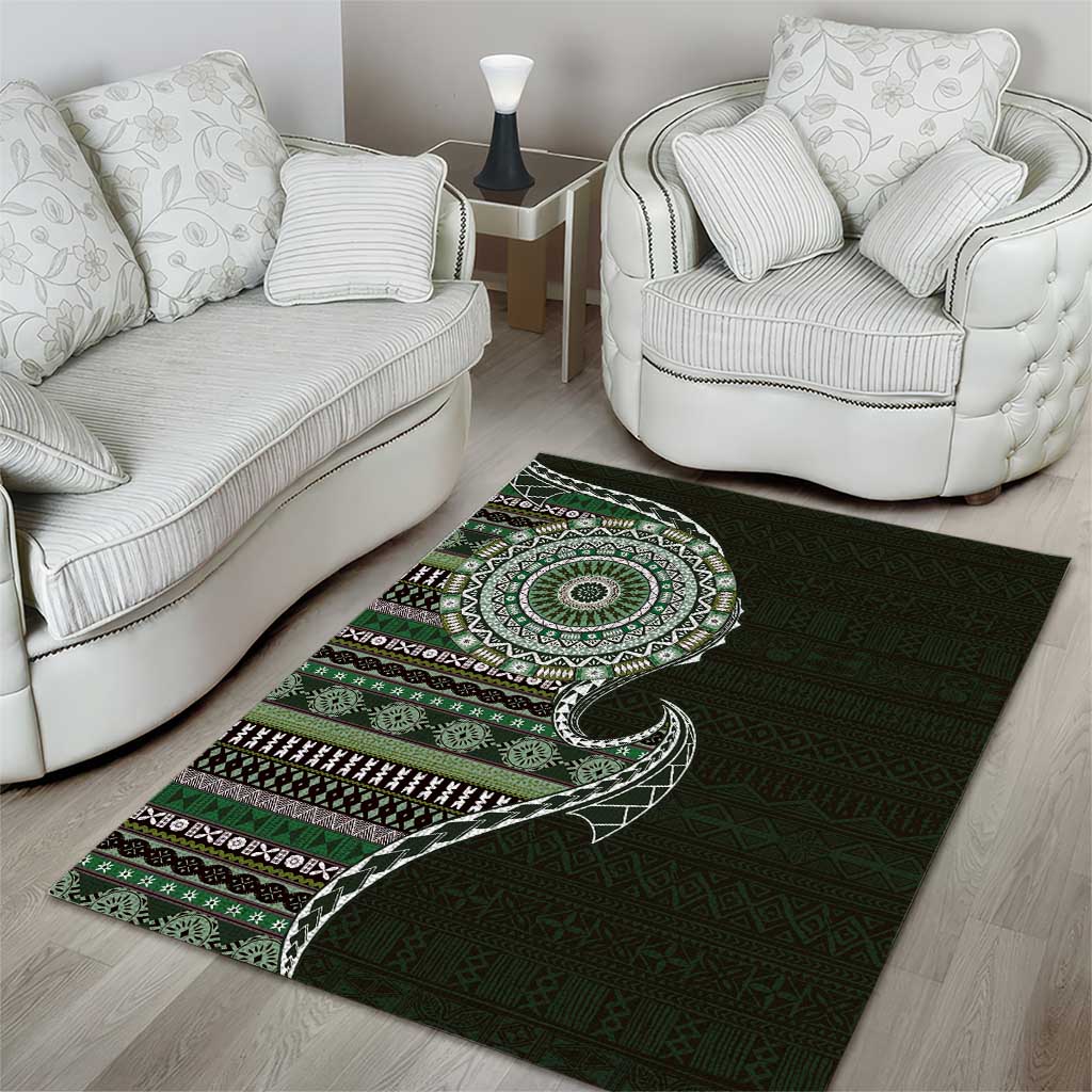 Fijian Masi Tribal Tattoos Art Pattern Area Rug Green Color Half Style LT03 - Polynesian Pride