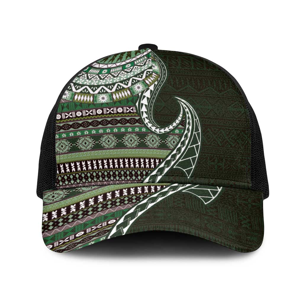 Fijian Masi Tribal Tattoos Art Pattern Baseball Net Cap Green Color Half Style LT03 One Size Black Green - Polynesian Pride