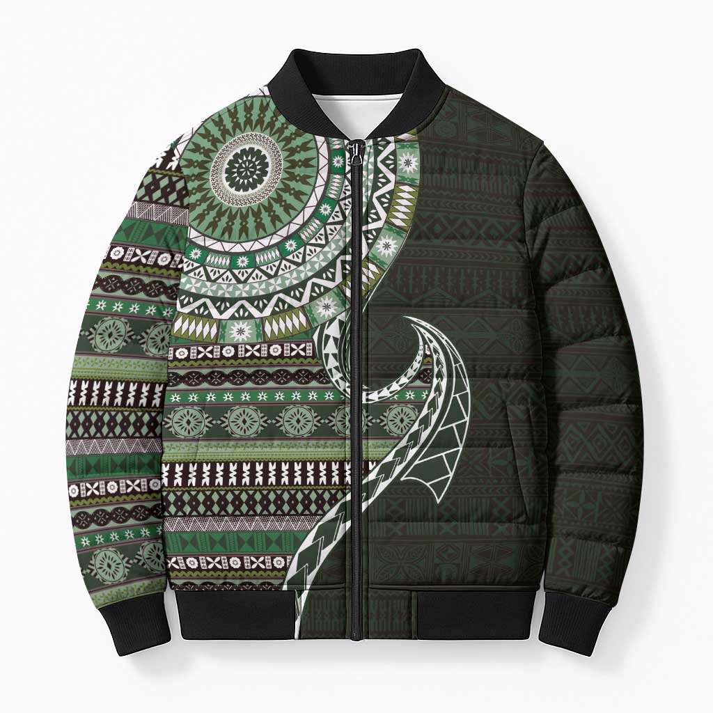 Fijian Masi Tribal Tattoos Art Pattern Bomber Puffer Jacket Green Color Half Style LT03 Green - Polynesian Pride