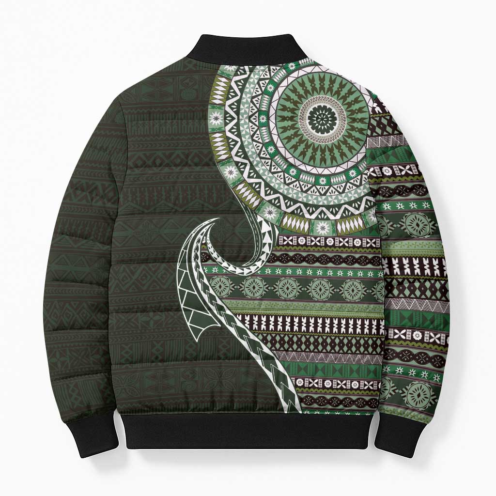 Fijian Masi Tribal Tattoos Art Pattern Bomber Puffer Jacket Green Color Half Style LT03 - Polynesian Pride